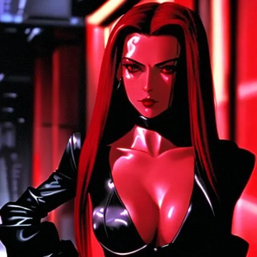 Prompt: Avalon 2001 movie, red cyberpunk noir, femme fatale