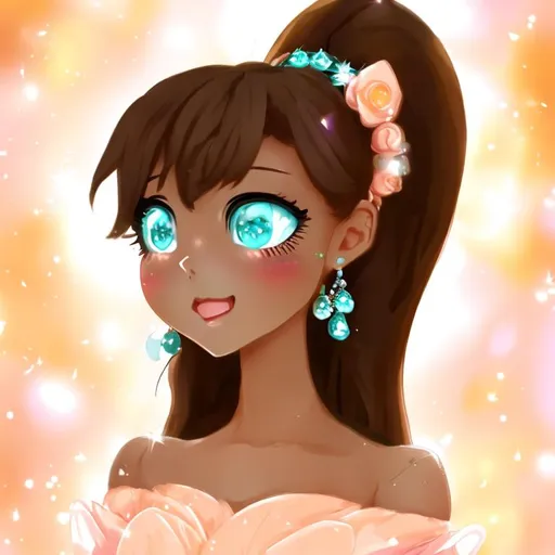 Prompt: Anime, Princess, Teal eyes, Apricot Ballgown, diamond earrings, brown skin, full body, HD, 4k, High Quality, Effects.