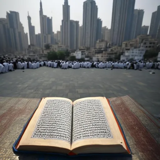 Prompt: 
Al-Quran flying in the middle of the city
