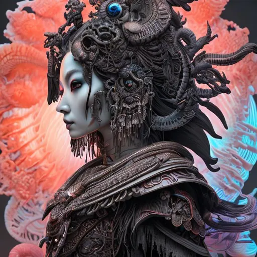 Prompt: "3 d goddess of death close - up profile portrait with ram skull. beautiful intricately detailed japanese crow kitsune mask and clasical japanese kimono. betta fish, jellyfish phoenix, bio luminescent, plasma, ice, water, wind, creature, artwork by tooth wu and wlop and beeple and greg rutkowski"