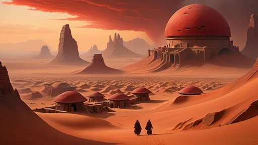 Prompt: ancient farming settlement in foreground, giant tall mushroom orchards, darkest night, ancient tatooine architecture, no trees, no bushes, no grass, no leafy vegetation, rocky desert alien planet setting, rocky mountainous region,  in the style of frank herbert's dune, stormy night sky filled with red clouds, dust haze, red fog, sand storm, highly detailed, photo-realistic, hyper-real
