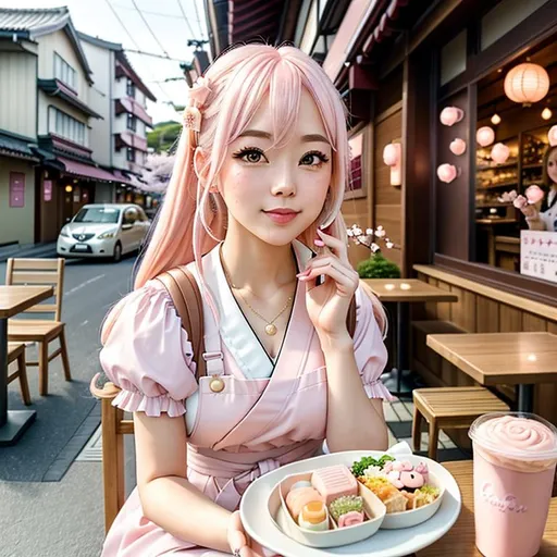 Prompt: (masterpiece, high resolution, illustration:1.3), portrait of a girl with pale hair, (pastel pink hair:1.2), seated at a charming café, (kawaii pastel outfit:1.2), savoring a delightful bento meal, narrow modern Japanese shopping street, (sunrise:1.1), cherry blossom petals swirling in the air, inspired by Ilya Kuvshinov's style, (contemporary street design:1.1), (authentic Japanese ambiance:1.2), (serene morning atmosphere:1.2), (subtle pastel color palette:1.2), (trendy storefronts:1.1), (inviting cafe terrace:1.1), (warm golden sunlight:1.2), (lush cherry blossom trees:1.2), (gazing towards the horizon:1.1), (content expression:1.2), (kawaii fashion with pastel tones:1.2), (cute accessories:1.2), (modern street architecture:1.1), (pedestrian-friendly street:1.1), (tranquil morning ambiance:1.2), (nostalgic yet contemporary vibes:1.1), (whimsical cafe decor:1.2), (Ilya Kuvshinov-inspired art style:1.2)