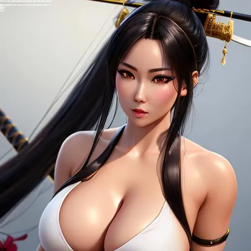Prompt: extremely realistic, hyperdetailed, extremely busty samurai, wears katana samurai sword on her hips, wears minimal clothing, highly detailed face, highly detailed eyes, highly detailed body, full body, whole body visible, full character visible, soft lighting, high definition, ultra realistic, unreal engine 5, 8K, digital art