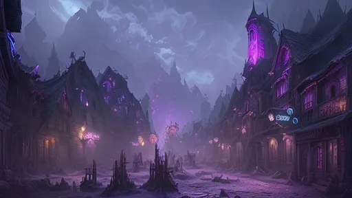 Prompt: extreme long shot concept art depicted old mountain town, necromancer village, dark fantasy, arcanepunk, arcane purple and pink glow, dark ambiance, art by Cédric Peyravernay and HR Giger