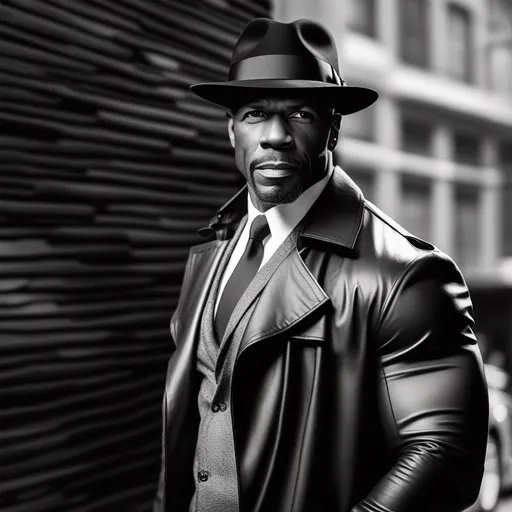 Prompt: Terry Crews as a private detective, dressed in a trenchcoat and fedora, UHD, Black and White,