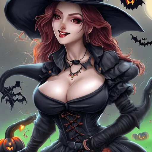 Prompt: busty, witch, Halloween