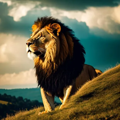 Prompt: Lion roaring on hill, cinematic photography, natural light, lush green forest, professional photography, muscular lion, dark clouds in sky