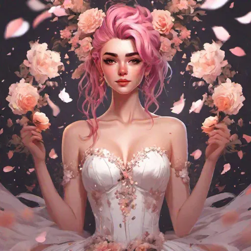 Prompt: A beautiful slim young woman with a soft messy dark pink mohawk, wearing a white and peach gothic bustier wedding dress, darling pose, surrounded by flowers and falling petals, innocent pose, blushing, high-res, best quality, concept art
