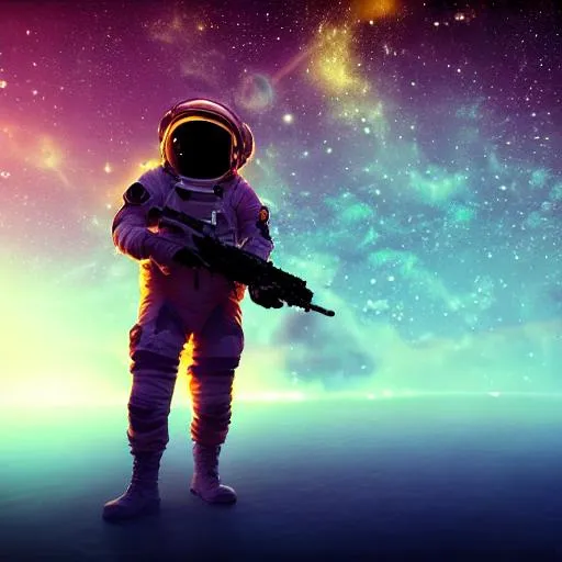 Prompt: high detail photo of an astronaut-soldier holding an assault rifle floating in space inside magic colorful glowing sparkling fog, circular planet behind it, starry sky, tranquil, desolate, atmospheric, hazy, autochrome, 8k, reflections, octane render, unreal engine 5