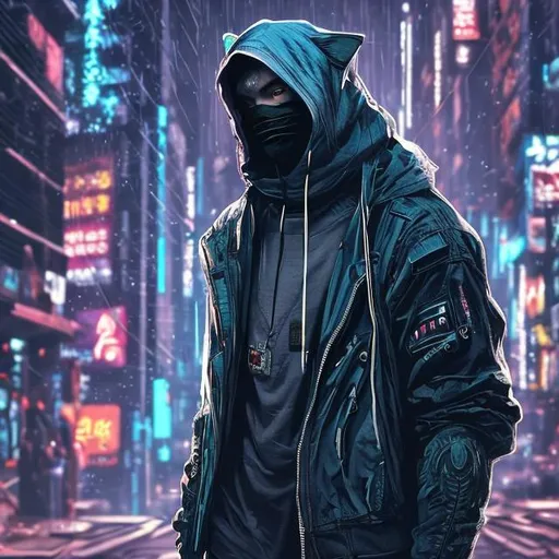 Prompt: A feline-like human, a cyberpunk setting, looks like a human, wearing clothes, a loose hoodie covering his head


