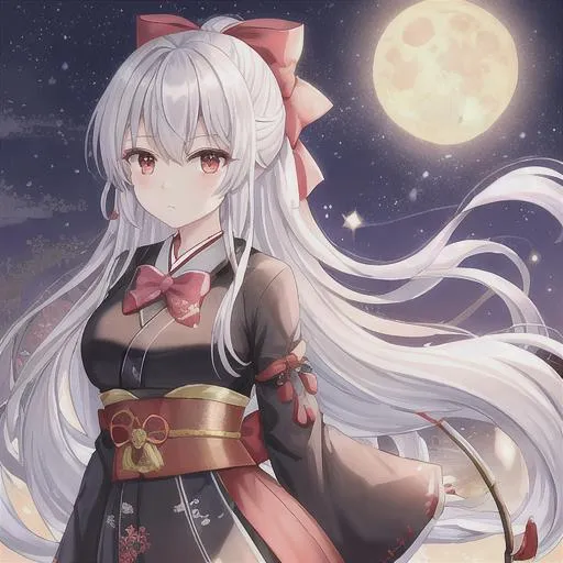 Prompt: Bow and arrows, human, Taishō era, beautiful haori, Japanese styled outfit, long silver hair, red eyes, moon and stars 