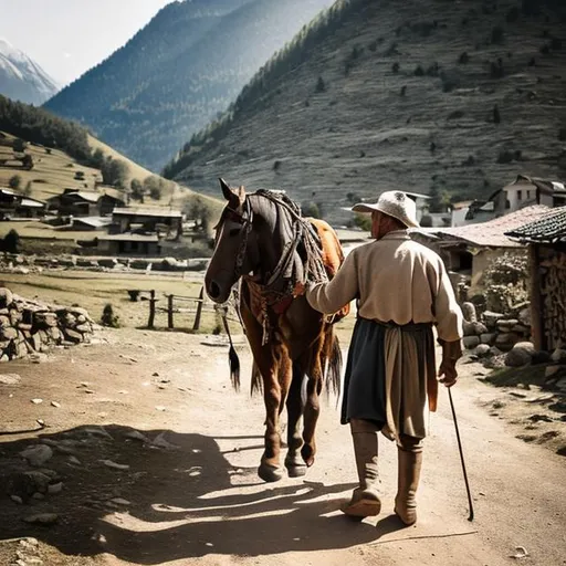 Prompt:  one old village man walking with his horse and talking some goods in mountains
