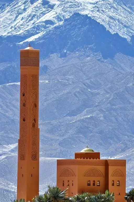 Prompt: Moorish style mosque in morocco landscap with big mountains behind and snow on there sommet and group of moroccan people are comming to pray 