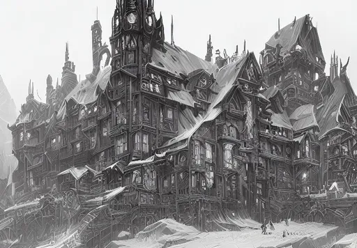 Prompt: black and white art deco style ink drawing of detailed the huge haunted house on the edge of a hill , highly detailed, fantasy art, in the style of greg rutkowski, epic, fantasy, intricate, hyper detailed, artstation, concept art, smooth, sharp focus, ray tracing
