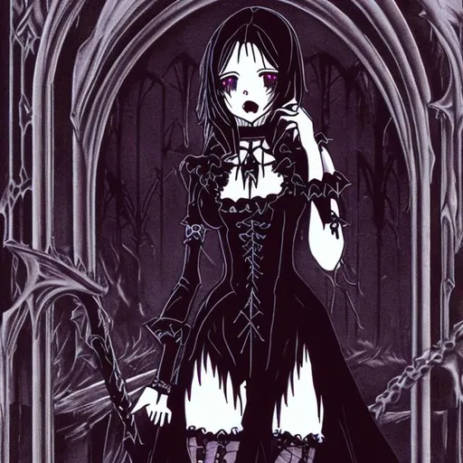 Prompt: 80’s vintage anime still frame, gothic horror damsel in distress, black clothes, gothic setting, dark fantasy