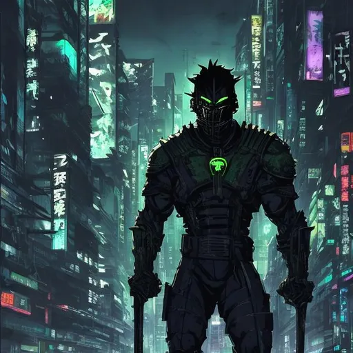 Prompt: Original villain.  Brawn. Sinister. Spartan influenced. Very Dark image with lots of shadows. Background partially destroyed neo Tokyo. Noir anime. Gritty. Dirty. Black with neon forest green accents. Plated armour. Bionic enhancements. 