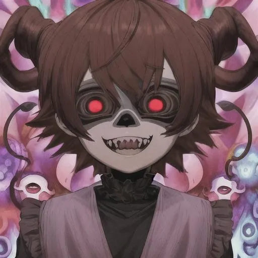 Prompt: insane, cute anime boy, brown hair, smiling, trippy background, demon behind, zoomed out, fangs, aesthetic mask, scars 