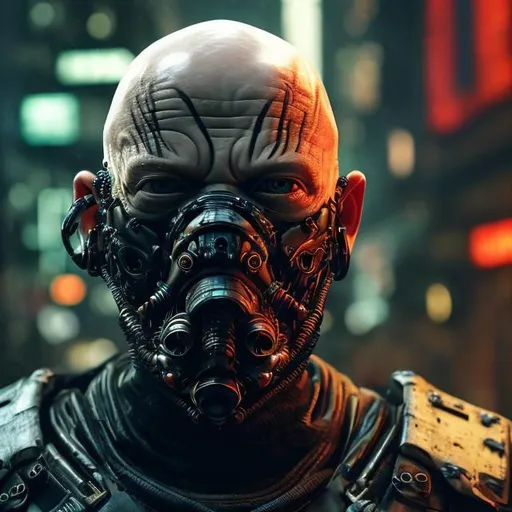 Prompt: A bald man with a ginger beard. 30yrs old. English. Fully armoured and masked. Bionic eyes and cyber enhancements. Lots of roses, Ferns and mushrooms in background. Dark and edgy with neon accents. Cyberpunk style. Raw. Gritty. Dirty. Medium Close up.