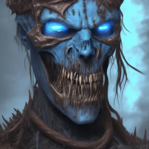 Prompt: Undead Admiral Pirate, with blue flames coming out of him, rotten flesh and visible bones on certain parts of face and body, Realistic and detailed, gruesome, horrible, horrifying, nightmare, horror,