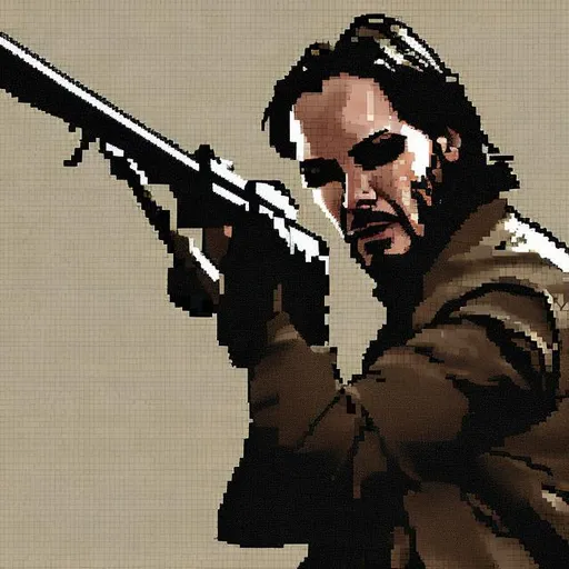Prompt: keanu reeves in a sniping position, pixel art
