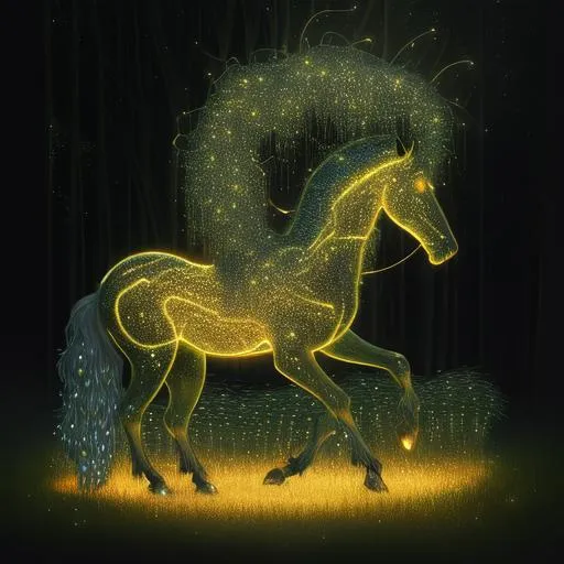 Prompt: swarm of fireflies forming a horse with a thick mane of bioluminescent vines, kelpie, horse, by greg rutkowski, in style of klimt, high key lighting, volumetric light, digital art, highly detailed, fine detail, intricate, ornate, complex, octane render, unreal engine, photorealistic