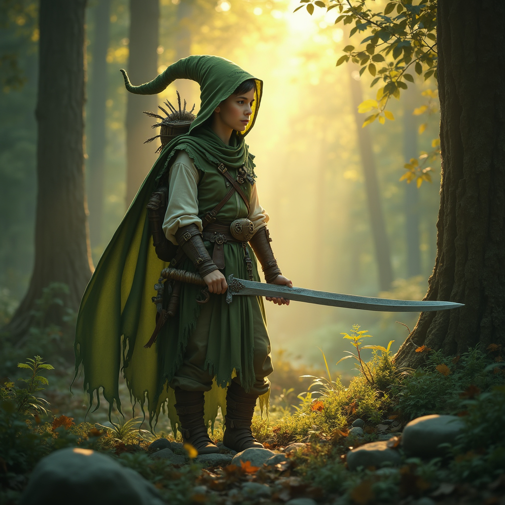 Elf ranger in a mystical forest around sunlight