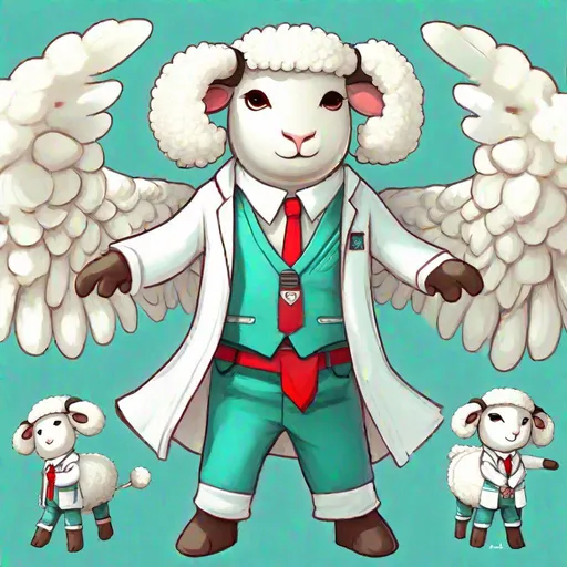 Prompt: Sheep anthropomorphic, kawaii style, white angel wings, wearing long sleeve white shirt over a teal vest with a red tie and teal pants with belts, Strength, Courage, Compassion, Masterpiece, Best Quality 