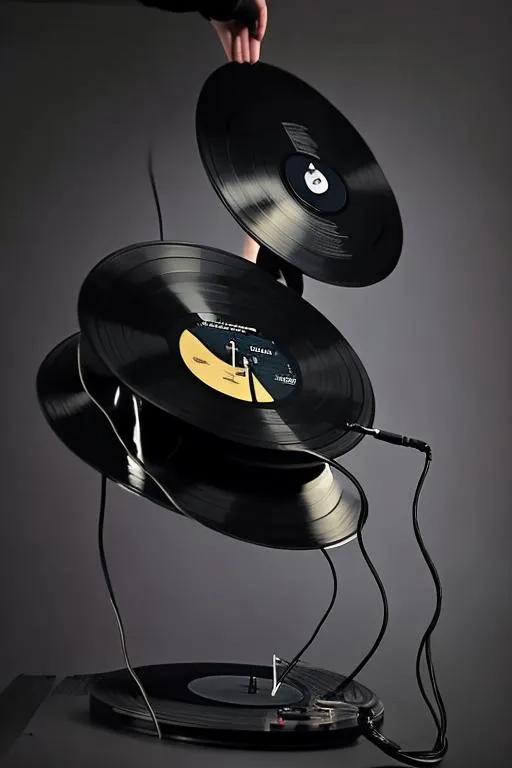 Prompt: people dressed in black latex listening to a vinyl record, the cover of the record is in latex with a zipper