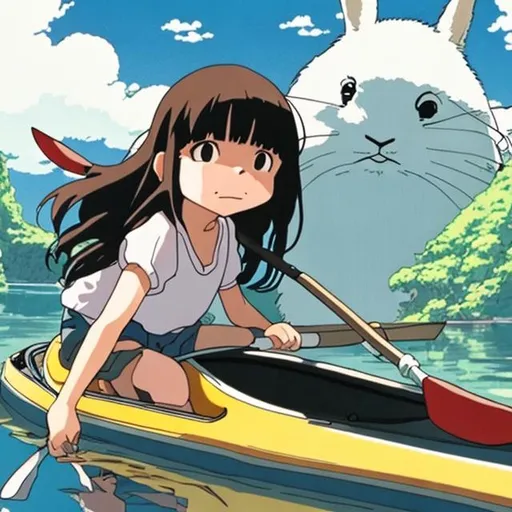 Prompt: Studio ghibli long haired girl with bangs black hair petting a rabbit in a kayak 
