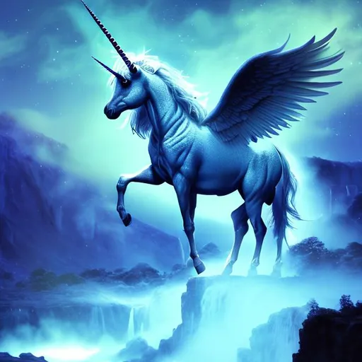Prompt: A magnificent Unicorn with wings spread standing at the base of a waterfall with the moonlight glistening off of the mist in the air. 
