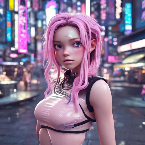 Prompt: New character. Stunning. Cute. Dimples. Mesmerising . Pheromones. Innocent. Naive. Alluring. Young woman. beauty. Interesting eye makeup. Pastel coloured hair. Incredibly gorgeous. Sweet. Very Futuristic skimpy tight clothes. Realistic. Gritty. Detailed. Full body. Neo Tokyo background.