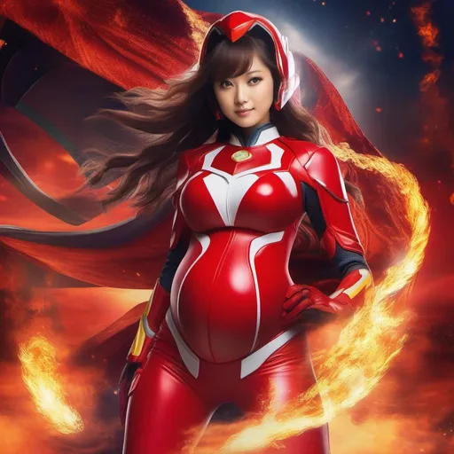Prompt: Pregnant tokusatsu heroine in red powersuit with fire motif