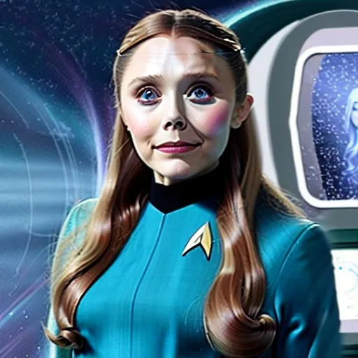 Prompt: realistic photo image of beautiful Elizabeth Olsen dressed as a 60's Star Trek nurse, high quality photo still, Enterprise command chair, holding a tricorder