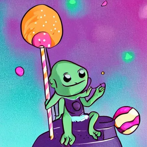 Prompt: An alien sitting on a lollipop in Outerspace, eating cotton candy.