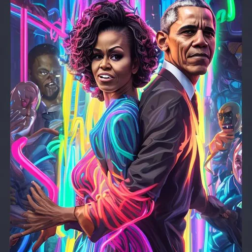 Prompt: "super ultra maga hyperdetailed hyperrealistic portrait of Barack and Michelle Obama as a delirium of the endless infinite,  bright neon vivid colourful articulate make up, the sandman, made by caravaggio stanley artgerm lau wlop rossdraws artstation cgsociety 8k 3D concept art cgsociety octane render"