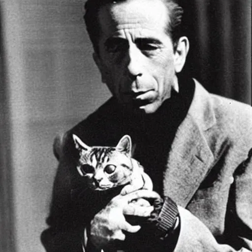 Prompt: Humphrey bogart holding a cat that is smoking a tobacco pipe