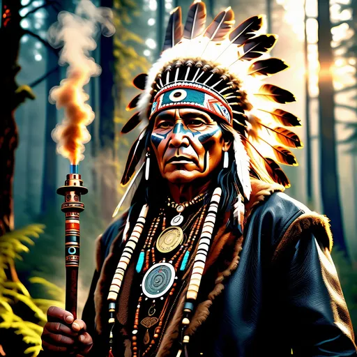 Prompt: "Photorealistic Native American leader in traditional clothing adapted with Victorian elements, copper and brass talismans, ceremonial pipe with mechanical elements, leather coat with steam-powered totemic symbols, misty Pacific Northwest forest background --ar 3:4 --s 1000"