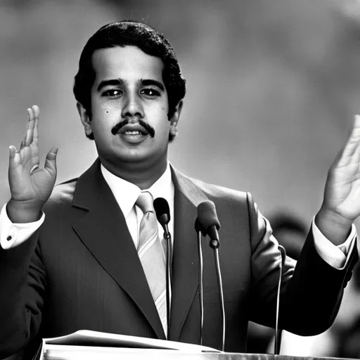 Prompt: Young Venezuelan President of 1970-1980 winning the elections 
