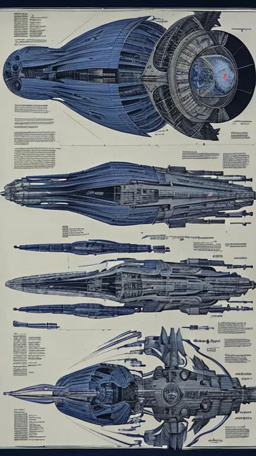 Prompt: technical drawing blueprint Futurism art style infographics exploded view of spacecraft's warp drive technology by hr giger combined with Zdzislaw Beksinski and Ed Binkley, infographics, marginalia, detailed exploded view, 1950's popular mechanics poster
