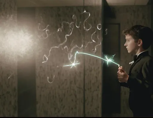 Prompt: 13 year old boy in a tuxedo casting a crazy magic spell from the outside of a bathroom stall with his magic wand, but the spell he cast happens on the inside of the bathroom stall because he cast the spell on the person inside who is warring a T shirt 
