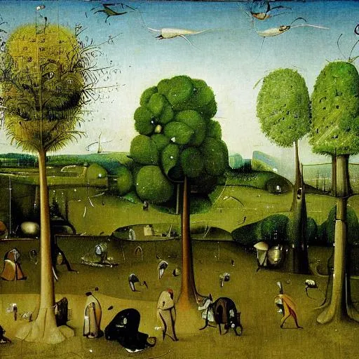 Prompt: large painting of a landscape with trees, delicate detailed, blue, brown, green, yellow, art by Hieronymus Bosch