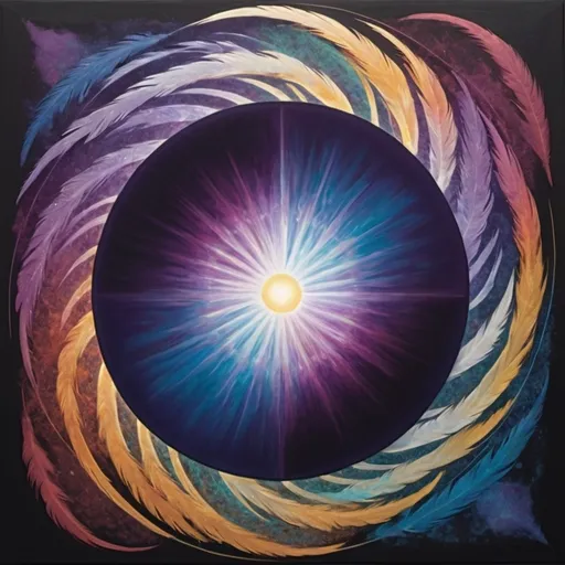 Prompt: **Title: "Eclipse of Possibilities"**

**Visual Description:**

- **Central Focus**: At the center of the piece is a radiant, abstract eclipse—a large, luminous orb surrounded by an aura of shifting colors. This represents the core of uncertainty and the unknown, glowing with healing frequencies. The orb is not static but pulsates gently, creating a sense of movement and energy.

- **Background**: The background features a cosmic expanse of deep blues, purples, and indigos, speckled with stardust and nebulous clouds. The colors blend and swirl, symbolizing the vastness and mystery of the universe.

- **Dynamic Elements**: Interspersed throughout the artwork are swirling patterns of light and shadow, intertwining in intricate designs. These patterns ebb and flow, mimicking the natural rhythms of the cosmos and inviting the viewer to lose themselves in the movement.

- **Surrounding Imagery**: Encircling the eclipse are ethereal, translucent feathers and wisps of energy, representing freedom and the lightness of embracing the unknown. The feathers have subtle iridescent qualities, shifting colors as the viewer moves.

- **Healing Frequency Lines**: Radiating outward from the central orb are delicate, radiant lines that form a web of interconnected geometric shapes. These lines pulse softly with light, creating a rhythmic, harmonious vibration that feels both soothing and invigorating.

- **Texture and Finish**: The surface of the piece has a layered texture, with some areas smooth and glossy while others are matte and rough. This contrast invites touch and deeper exploration, enhancing the sensory experience.

**Interactive Element**: The artwork could be paired with a gentle ambient soundtrack of soothing frequencies that match the visual pulse of the piece, further enhancing the healing experience. As viewers gaze upon the piece, they are encouraged to breathe deeply and embrace the unknown, feeling the artwork's energy resonate with their own.
