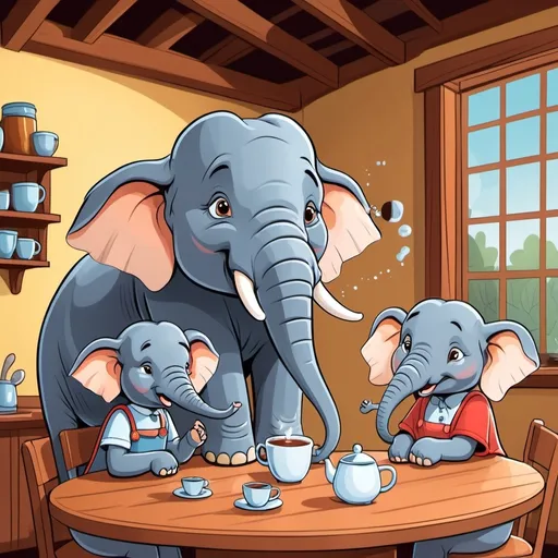 Prompt: A cartoon-style picture as an illustration for a fairy tale.
There are three fairy tale elephants. Tomas the elephant (he 12), his younger sister Irmina (she 9) and their aunt Bania (adult, she). they are sitting at the kitchen table and drinking cocoa. You can see impatience and nervousness on their faces. They are waiting for an important message, looking at the phone lying on the table.