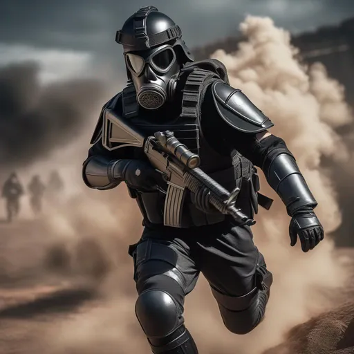 Prompt: A modern roman military male in black military roman armor, and gas mask, running, background sci fi war, Hyperrealistic, sharp focus, Professional, UHD, HDR, 8K, Render, electronic, dramatic, vivid, pressure, stress, nervous vibe, loud, tension, traumatic, dark, cataclysmic, violent, fighting, Epic