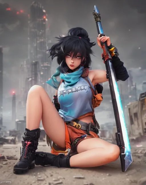 Prompt: dirt and blood covered rugged badass kawaii zombie killer lady,greatsword in hand,in cityscape,bright colored clothes,techwear,modern fashion,guns,HDR, 64K,high quality portrait of a hyperdetailed girl, hyperdetailed hair, master piece, hyperdetailed full body, hyperdetailed feminine attractive face and nose, complete body view,((hyperdetailed muscle)) ((hyperdetailed eyes)), perfect body, perfect anatomy, ultra-realistic, 3d lighting, beauty, sensual feminine romance, professional, sensual feminine, perfect composition, unreal engine 8k octane, 3d