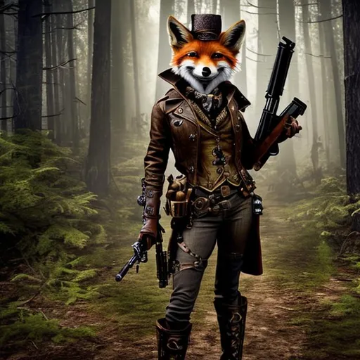 Prompt: Steampunk fox with a shotgun in a dark forest, big trees, shadows, grunge