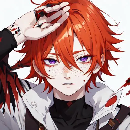 Prompt: Erikku male adult (short ginger hair, freckles, right eye blue left eye purple)  UHD, anime style, covered in blood, psychotic, covering his face with his hands