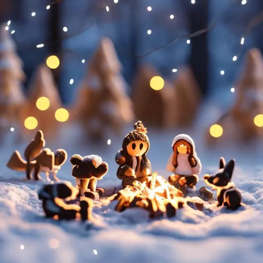 Prompt: tiny friends and a dog making smores at tiny wooden campfire string lights at night in the snow
