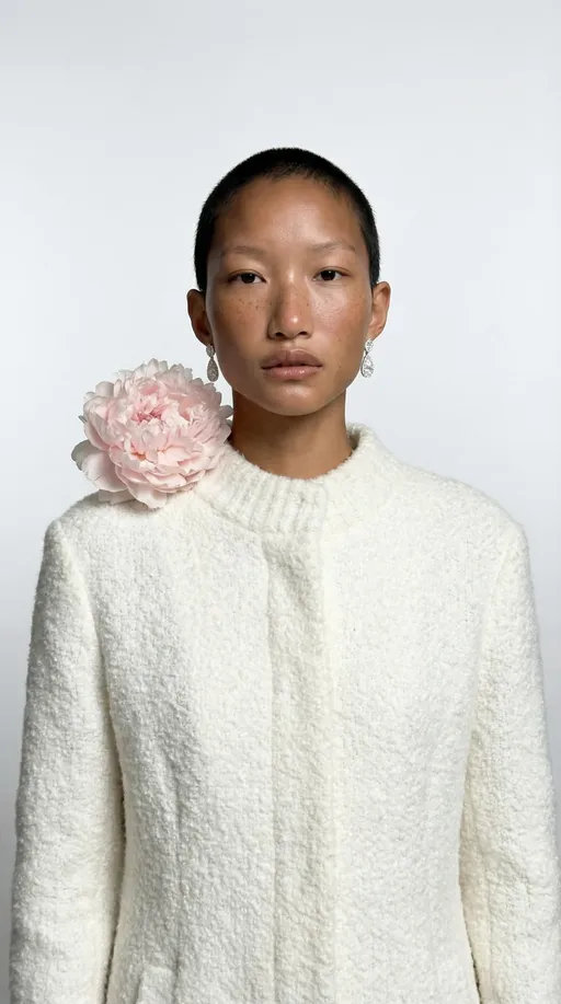 Prompt: 

A full-length, front-facing portrait of an adult woman standing in a natural, relaxed pose.

She is wearing a white coat with a pink flower on the shoulder, exactly like the image in source 2. The subject is centered in the frame, facing the camera, with her shoulders and arms relaxed at her sides.

Her skin texture is authentic: invisible pores, subtle imperfections, and natural asymmetry.

Smoothing is minimal, with no filters or retouching. The skin appears healthy and natural, without any artificial effects. The desired avatar must be identical to the source image: same face, same gaze, same skin tone, same eye color, same hairstyle.

She has a full, natural bust and long, tied-back hair identical to that in image 1. The hair texture is natural, slightly imperfect, and entirely human.

Her expression is calm, confident, and neutral. There are no exaggerated poses. Her gaze is direct and natural, fixed on the camera.

Photo taken with an iPhone 17 Pro Max, in a raw style, with soft and even natural light. No harsh shadows, no cinematic effects, no stylization. 
The background is a pure, uniform white studio set with a grey gradient, devoid of texture, shadow, or object.

The final result should give the impression of an authentic, unretouched photograph of a real person, not a model or an AI-generated image.

RECOMMENDED SETTINGS
• Mode: Inpainting / Remove object
• Mask: Only on the character (very precise)
• Upscale: 4x or 4096 px minimum
• Creativity / Variation: 0 or minimum
• Structure preservation: Enabled
• Denoise: Low
• Style strength: Disabled or very low

EXPECTED RESULT
✔ Character perfectly identical to image 1, 2,
✔ Image of exceptional sharpness and clarity
✔ No visible traces of AI or retouching
✔ Natural, realistic, and photographic rendering
The avatar must be identical to the source images without any modifications.
