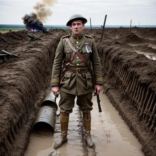 Prompt: WW1 trench with a tired british soldier, wounded and bandaged head, arm and legs and covered in dirt, with a look of anguish and horror on his face, standing in mud while artillery shells hit and explode all across no man's land causing great plumes of black smoke and fires and the corpses of his dead comrades buried half in the mud, the sky is brooding and the rain is pooring down